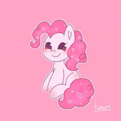 Size: 2048x2048 | Tagged: safe, artist:oekakikumao, pinkie pie, earth pony, pony, g4, female, heart, high res, mare, pink background, simple background, sitting, smiling, solo