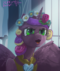 Size: 3635x4320 | Tagged: safe, artist:zlatdesign, princess cadance, queen chrysalis, alicorn, changeling, changeling queen, pony, canterlot wedding 10th anniversary, g4, bread, crystal heart, disguise, disguised changeling, female, flower, flower in hair, food, glowing, glowing eyes, pog, rose, royal wedding, solo, wings
