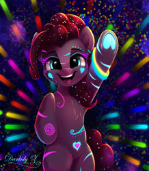 Size: 1772x2029 | Tagged: safe, artist:darksly, pinkie pie, earth pony, pony, black light, body pillow, body pillow design, bodypaint, bracelet, confetti, cute, diapinkes, female, glow in the dark, glowstick, jewelry, mare, open mouth, rave, solo