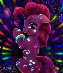 Size: 1772x2029 | Tagged: safe, artist:darksly, pinkie pie, earth pony, pony, balloon, balloonbutt, bedroom eyes, black light, body pillow, body pillow design, bodypaint, bracelet, butt, confetti, cute, diapinkes, female, glow in the dark, glowstick, jewelry, mare, neon, open mouth, plot, rave, solo
