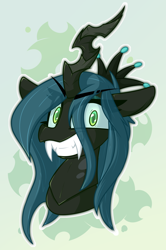 Size: 1326x2000 | Tagged: safe, artist:nekro-led, queen chrysalis, changeling, changeling queen, canterlot wedding 10th anniversary, g4, abstract background, bust, carapace, crown, eye clipping through hair, fangs, female, grin, horn, jewelry, looking at you, portrait, regalia, simple background, smiling, solo