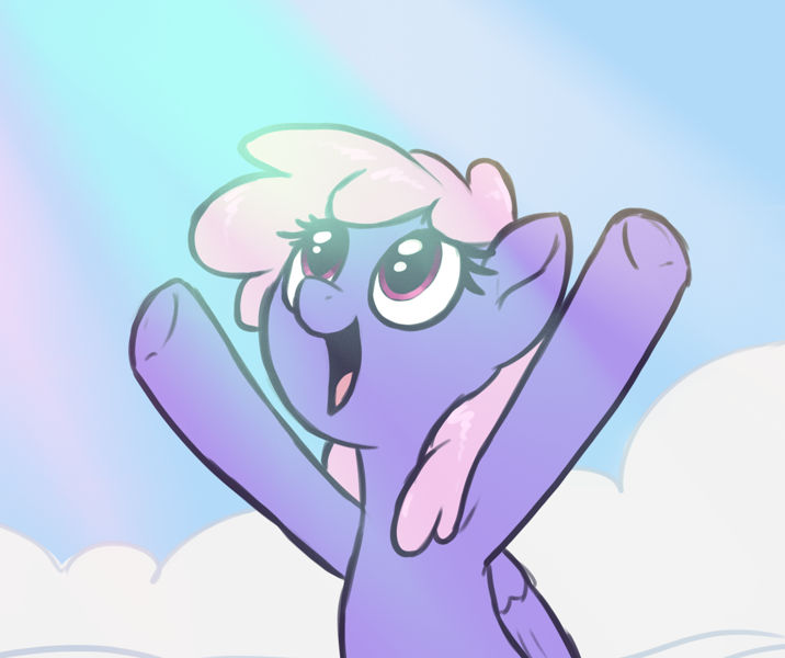 Size: 1910x1600 | Tagged: safe, artist:t72b, rainbowshine, pegasus, pony, sonic rainboom (episode), armpits, cloud, crepuscular rays, cute, featured image, female, folded wings, hooves in air, joy, looking up, mare, open mouth, open smile, pink mane, purple coat, raised hoof, red eyes, scene interpretation, sky, snowpity, solo, wings
