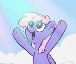 Size: 1910x1600 | Tagged: safe, artist:t72b, rainbowshine, pegasus, pony, g4, sonic rainboom (episode), armpits, cloud, crepuscular rays, cute, featured image, female, folded wings, hooves in air, joy, looking up, mare, open mouth, open smile, pink mane, purple coat, rainbowshining, raised hoof, red eyes, scene interpretation, sky, solo, wings
