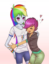 Size: 1280x1661 | Tagged: safe, artist:melonche, rainbow dash, scootaloo, human, equestria girls, g4, cute, cutealoo, dashabetes, duo, duo female, female, floating heart, gradient background, heart, scootalove