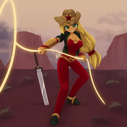 Size: 1280x1280 | Tagged: safe, artist:howxu, applejack, human, equestria girls, g4, boots, breasts, busty applejack, cleavage, commission, cowboy boots, cowboy hat, cowgirl, female, gritted teeth, hat, lasso, looking at you, rope, shoes, solo, stetson, superhero, sword, teeth, weapon, wonder woman