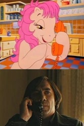 Size: 400x599 | Tagged: safe, screencap, patch (g1), earth pony, human, pony, g1, my little pony tales, anton chigurh, bedroom eyes, calling, female, kitchen, mare, meme, no country for old men, phone