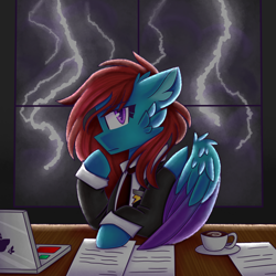 Size: 1000x1000 | Tagged: safe, artist:tater, oc, oc only, oc:cyan, pegasus, pony, cheek fluff, clothes, coffee, computer, cup, drink, ear fluff, female, laptop computer, looking at you, mare, necktie, paper, solo, wings