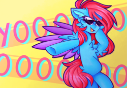 Size: 1031x720 | Tagged: safe, artist:tater, oc, oc only, oc:cyan, pegasus, pony, cheek fluff, chest fluff, ear fluff, female, mare, open mouth, simple background, solo, sunglasses, wings, yellow background