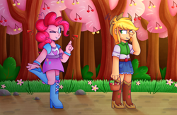 Size: 1280x832 | Tagged: safe, artist:tater, applejack, pinkie pie, human, equestria girls, g4, the last roundup, 2020, applejack's hat, cherry, cherry blossoms, cherry tree, chimicherrychanga, clothes, cowboy hat, duo, duo female, female, flower, flower blossom, food, hat, looking at each other, looking at someone, one eye closed, sakura pie, scene interpretation, tree