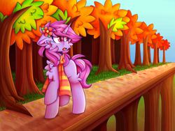 Size: 1280x960 | Tagged: safe, artist:tater, oc, oc only, pony, unicorn, autumn, cheek fluff, chest fluff, clothes, ear fluff, female, flower, flower in hair, horn, mare, open mouth, scarf, solo, striped scarf, tree