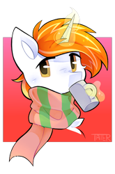 Size: 1338x2030 | Tagged: safe, artist:tater, oc, oc only, pony, unicorn, bust, clothes, drink, drinking, horn, looking at you, magic, magic aura, male, mug, scarf, simple background, solo, stallion, striped scarf, telekinesis, transparent background