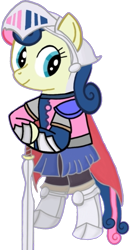 Size: 557x1039 | Tagged: safe, artist:darlycatmake, bon bon, sweetie drops, earth pony, pony, g4, amused, armor, bipedal, bon bon is amused, cape, clothes, happy, hat, helmet, knight, looking at someone, looking at something, looking back, royal guard, simple background, smiling, solo, sword, transparent background, weapon