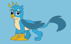 Size: 1024x640 | Tagged: safe, artist:mariosonicfan16, gallus, griffon, g4, blue background, looking at you, simple background, smiling, smiling at you, smirk, solo