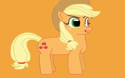 Size: 1024x640 | Tagged: safe, artist:mariosonicfan16, applejack, earth pony, pony, g4, looking at someone, looking at something, open mouth, orange background, simple background, smiling, smirk, solo