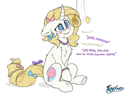 Size: 3400x2600 | Tagged: safe, artist:fluffyxai, oc, oc only, oc:decora, changeling, pony, unicorn, blushing, bow, bracelet, chest fluff, dizzy, drool, hair bow, high res, hypnosis, hypnotized, jewelry, pendulum swing, pocket watch, simple background, sitting, smiling, solo, swirly eyes, tail, tail bow, white background
