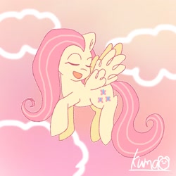 Size: 2048x2048 | Tagged: safe, artist:oekakikumao, fluttershy, pegasus, pony, g4, cloud, eyes closed, female, gradient background, high res, mare, open mouth, pink background, simple background, solo, wings, yellow background