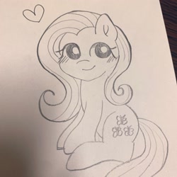 Size: 2048x2048 | Tagged: safe, artist:oekakikumao, fluttershy, pony, g4, female, floating heart, heart, high res, mare, monochrome, smiling, solo, traditional art, wingless