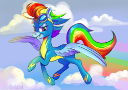 Size: 3507x2480 | Tagged: safe, artist:corelle-vairel, rainbow dash, pegasus, pony, g4, clothes, cloud, female, flying, goggles, goggles on head, grin, high res, lidded eyes, mare, older, older rainbow dash, rainbow trail, redraw, signature, sky, sky background, smiling, solo, uniform, wonderbolts uniform