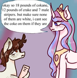 Size: 1080x1093 | Tagged: safe, artist:ponybutcher, princess celestia, oc, alicorn, kirin, pony, g4, clipboard, cocaine, dialogue, drugs, duo, female, frown, implied drug use, implied stripping, jewelry, kirin oc, looking at each other, looking at someone, looking down, looking up, male, mare, master chief and luna hanging out, meme, misspelling, raised hoof, redraw, speech bubble, stallion, text