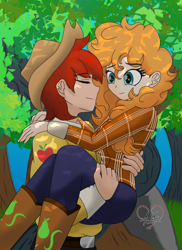 Size: 1549x2122 | Tagged: safe, artist:dibujoschidosdelabad, bright mac, pear butter, human, g4, boots, bridal carry, brightabetes, carrying, clothes, cute, duo, eyes closed, female, hat, heart eyes, humanized, male, pearabetes, plaid shirt, ship:brightbutter, shipping, shirt, shoes, straight, tree, wingding eyes