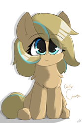 Size: 1500x2250 | Tagged: safe, artist:grithcourage, oc, oc only, oc:grith courage, earth pony, pony, adorable face, chest fluff, cute, female, happy, looking up, signature, simple background, smiling, solo, white background