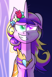 Size: 3660x5400 | Tagged: safe, artist:iceflower99, princess cadance, queen chrysalis, canterlot wedding 10th anniversary, a canterlot wedding, g4, clothes, dress, duo, duo female, evil smile, fake cadance, female, floppy ears, flower, flower in hair, grin, messy mane, smiling, this day aria, two sides, video at source, video in description, wedding dress