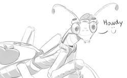 Size: 3222x1983 | Tagged: safe, artist:applephil, applejack, insect, mantis, g4, female, freckles, grayscale, howdy, insectified, monochrome, simple background, solo, species swap, white background