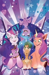 Size: 658x1000 | Tagged: safe, artist:nicoleta baldari, hitch trailblazer, izzy moonbow, pipp petals, sunny starscout, zipp storm, earth pony, pegasus, pony, unicorn, g5, idw, my little pony: a new generation, official, spoiler:comic, spoiler:g5comic, spoiler:g5comic01, comic, comic cover, female, harem, hitch trailblazer gets all the mares, male, mane five, mane stripe sunny, mare, one of these things is not like the others, royal sisters (g5), siblings, sisters, stallion