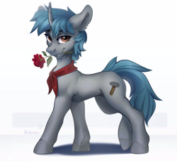 Size: 1920x1752 | Tagged: safe, artist:mithriss, oc, oc only, pony, unicorn, concave belly, curved horn, flower, hooves, horn, looking at you, mouth hold, neckerchief, quadrupedal, rose, signature, solo, standing