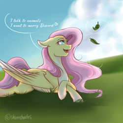 Size: 2500x2500 | Tagged: safe, artist:shamy-crist, fluttershy, pegasus, pony, g4, she talks to angel, dialogue, female, heart, high res, i want to marry discord, implied angel bunny, implied discoshy, implied shipping, implied straight, leaf, leaves, lying down, open mouth, open smile, prone, signature, smiling, solo, speech bubble, talking, wings