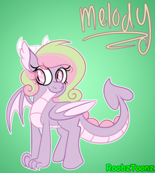 Size: 834x929 | Tagged: safe, artist:cosmicriff, artist:rubyg242, oc, oc only, oc:melody, oc:melody belle, dracony, dragon, hybrid, female, gradient background, green background, interspecies offspring, name, offspring, parent:spike, parent:sweetie belle, parents:spikebelle, solo, watermark
