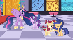 Size: 1024x569 | Tagged: safe, artist:velveagicsentryyt, starlight glimmer, twilight sparkle, oc, oc:sunlay, oc:velvet sentry, alicorn, pony, g4, female, filly, foal, offspring, older, older twilight, older twilight sparkle (alicorn), parent:flash sentry, parent:starlight glimmer, parent:sunburst, parent:twilight sparkle, parents:flashlight, parents:starburst, princess twilight 2.0, twilight sparkle (alicorn)