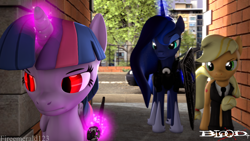 Size: 3840x2160 | Tagged: safe, artist:fireemerald123, applejack, princess luna, twilight sparkle, alicorn, earth pony, pony, g4, 3d, alley, blood+, car, clothes, day, glowing, glowing eyes, high res, katana, red eyes, road, shield, slit pupils, source filmmaker, suit, sword, tree, twilight sparkle (alicorn), weapon