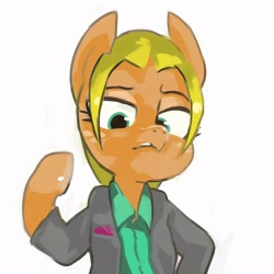 Size: 2500x2500 | Tagged: safe, artist:baigak, applejack, earth pony, pony, g4, alternate hairstyle, clothes, female, high res, looking down, mare, shirt, simple background, solo, suit, white background