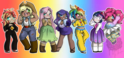 Size: 1280x597 | Tagged: safe, artist:blackinkyrose, applejack, fluttershy, pinkie pie, rainbow dash, rarity, sci-twi, sunset shimmer, twilight sparkle, human, equestria girls, g4, boots, breasts, cleavage, clothes, dark skin, dress, female, glasses, humane five, humane seven, humane six, pants, rainbow background, sandals, shoes, skirt, socks, tongue out