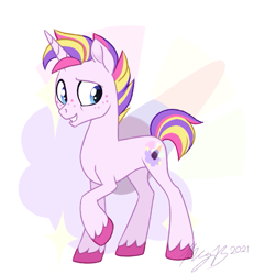 Size: 625x675 | Tagged: safe, artist:maybehawthorn, oc, oc:glitter glow, pony, unicorn, blue eyes, colt, foal, freckles, male, multicolored hair, pink coat, short hair, smiling, teenager