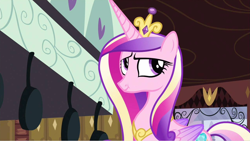 Size: 1280x720 | Tagged: safe, screencap, princess cadance, queen chrysalis, alicorn, pony, a canterlot wedding, g4, :t, crown, fake cadance, female, folded wings, jewelry, mare, regalia, solo, tiara, wings