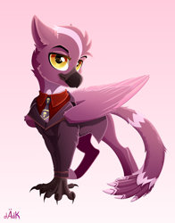 Size: 3300x4200 | Tagged: safe, artist:rainbowfire, rarity, oc, oc only, griffon, :3, :d, :p, beak, business suit, claws, clothes, cute, feather, grin, heart, looking at you, male, necktie, open mouth, open smile, pink background, purple, shirt, simple background, smiling, solo, spread wings, suit, tongue out, tuxedo, wings, yellow eyes