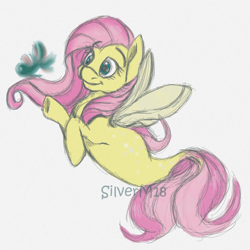 Size: 900x900 | Tagged: safe, artist:silverlunars, fluttershy, fish, pegasus, pony, seapony (g4), g4, cute, dorsal fin, female, fin wings, fins, fish tail, flowing mane, flowing tail, green eyes, mare, pink mane, seaponified, seapony fluttershy, shyabetes, signature, simple background, smiling, solo, species swap, tail, white background, wings