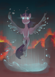 Size: 800x1116 | Tagged: safe, artist:yarugreat, twilight sparkle, alicorn, original species, pony, water pony, g4, burning, city, fire, floating, reincarnation, solo, species swap, spread wings, twilight sparkle (alicorn), water, wings