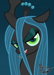 Size: 1487x2048 | Tagged: safe, artist:mistress midnight, queen chrysalis, changeling, changeling queen, canterlot wedding 10th anniversary, g4, antagonist, bust, crown, evil grin, female, forked tongue, gradient background, grin, jewelry, lidded eyes, looking at you, regalia, sharp teeth, show accurate, signature, slit pupils, smiling, solo, teeth