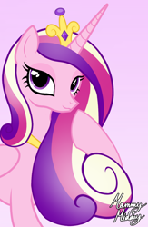 Size: 814x1246 | Tagged: safe, artist:mommymidday, princess cadance, alicorn, pony, canterlot wedding 10th anniversary, g4, beautiful, gradient background, gradient mane, jewelry, lidded eyes, long hair, long mane, looking at you, multicolored hair, necklace, princess, purple eyes, raised hoof, show accurate, signature, smiling, solo, stupid sexy princess cadance, tiara