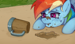 Size: 3800x2248 | Tagged: safe, artist:oops pio, rainbow dash, pegasus, pony, g4, the super speedy cider squeezy 6000, crying, cup, dirt, eating, eating dirt, female, high res, mare, mud, sad, scene interpretation, screenshot redraw, simple background, solo, sweat, sweatdrops, teary eyes, wings