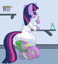 Size: 1923x2122 | Tagged: safe, artist:scrumpyspenser, spike, twilight sparkle, dragon, pony, unicorn, g4, butt, clothes, duo, faceful of ass, facesitting, female, glasses, implied tail hole, lab coat, male, mare, plot, ship:twispike, shipping, straight, twibutt, unicorn twilight