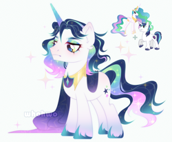 Size: 2316x1908 | Tagged: safe, artist:whohwo, princess celestia, shining armor, alicorn, pony, unicorn, g4, base used, ethereal mane, eyelashes, female, femboy, fusion, hoof shoes, makeup, male, mare, peytral, stallion, starry mane