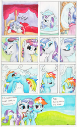Size: 929x1517 | Tagged: safe, artist:kittyhawk-contrail, rainbow dash, rarity, pegasus, pony, unicorn, g4, bath, bed, bed mane, brush, cloud, cloudy, comic, glowing, glowing horn, high quality, horn, mirror, morning ponies, sleeping, slice of life, toothbrush