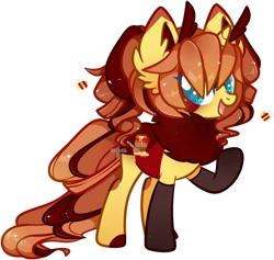 Size: 1516x1440 | Tagged: safe, artist:cafne, oc, oc only, bee pony, original species, pony, base used, chest fluff, clothes, ear fluff, eyelashes, female, horn, mare, raised hoof, simple background, smiling, socks, solo, transparent background