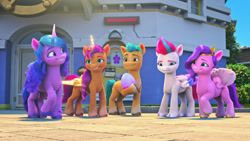 Size: 1920x1080 | Tagged: safe, screencap, hitch trailblazer, izzy moonbow, pipp petals, sunny starscout, zipp storm, alicorn, earth pony, pegasus, pony, unicorn, g5, my little pony: make your mark, my little pony: make your mark chapter 1, spoiler:g5, spoiler:my little pony: make your mark, alicornified, artificial horn, artificial wings, augmented, confused, dragon egg, egg, female, holding, horn, looking at each other, looking at someone, magic, magic horn, magic wings, male, mane five, mane stripe sunny, mare, race swap, raised hoof, smiling, stallion, standing, sunnycorn, wings