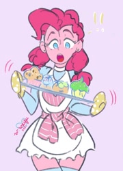 Size: 640x888 | Tagged: safe, artist:wonderwaifu, pinkie pie, human, equestria girls, g4, apron, clothes, cupcake, exclamation point, food, open mouth, oven mitts, skirt, socks, solo, surprised, thigh highs