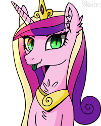 Size: 1226x1532 | Tagged: safe, artist:tsudashie, princess cadance, queen chrysalis, alicorn, changeling, changeling queen, pony, canterlot wedding 10th anniversary, g4, fake cadance, fangs, female, jewelry, looking at you, simple background, tongue out